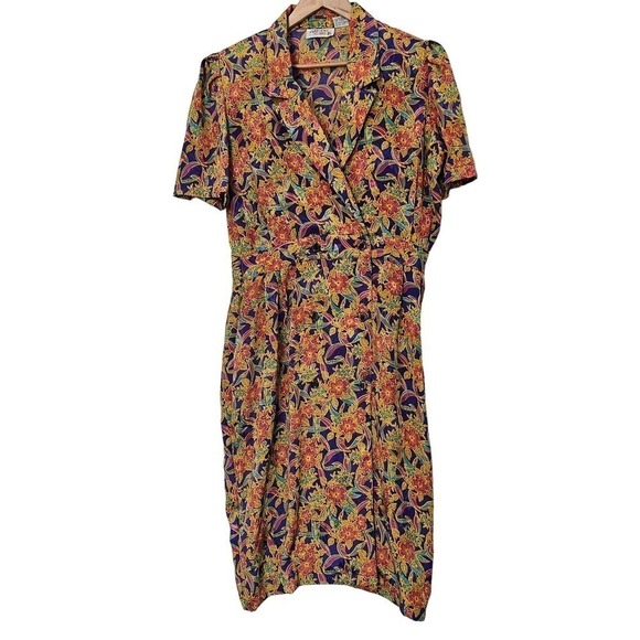 Vintage Dresses & Skirts - Vintage Arbor Creek Dress Size Large 80s Purple Yellow Floral Shirt Dress Midi